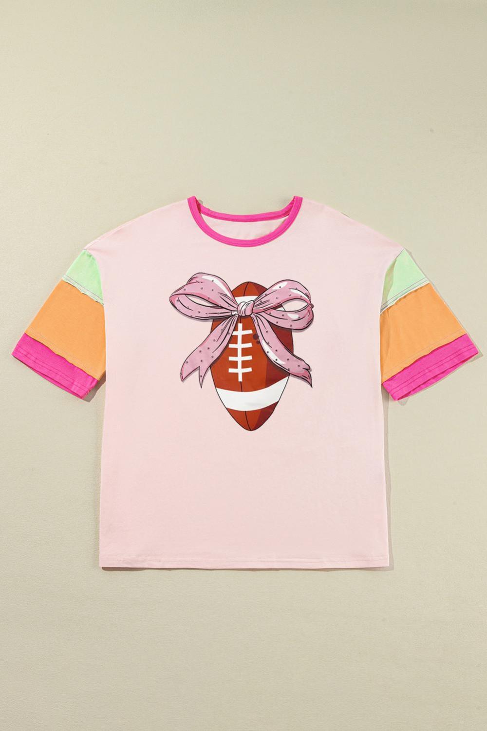 Women Pink Colorblock Sleeve Rhinestone Bow Football Print T Shirt | Tees & Tanks