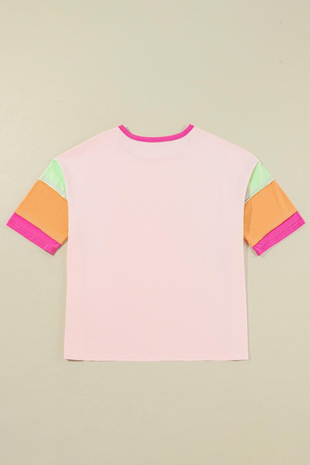 Women Pink Colorblock Sleeve Rhinestone Bow Football Print T Shirt | Tees & Tanks