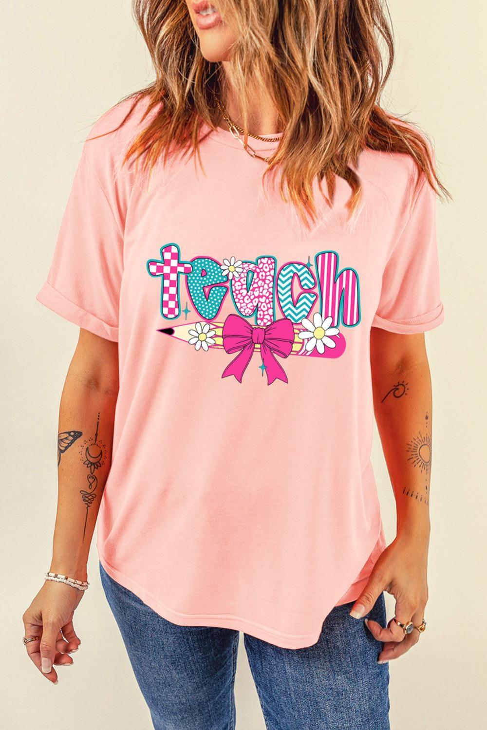 Women Pink Retro Checkered Teach And Bow Pencil Graphic T Shirt | Tees & Tanks