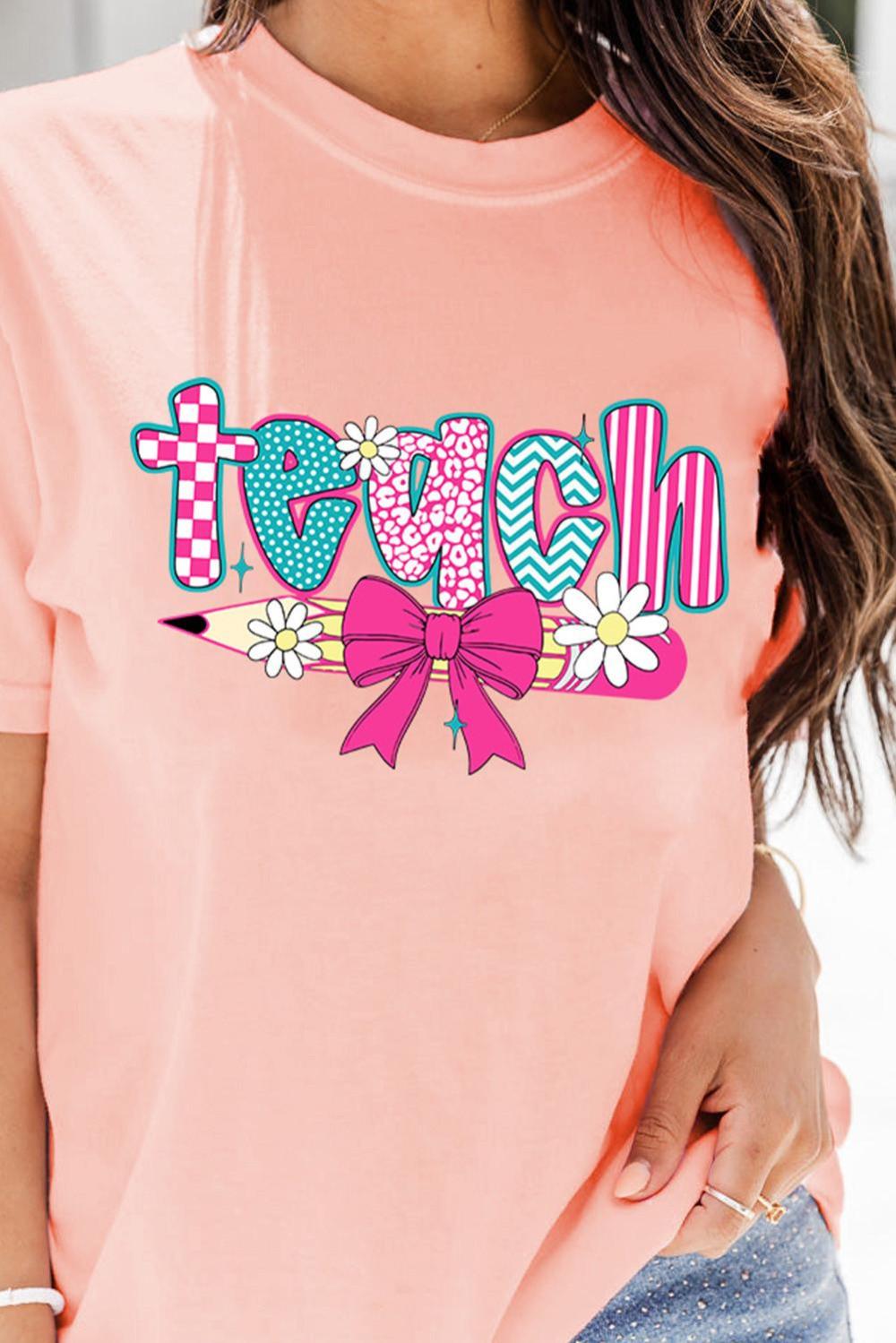 Women Pink Retro Checkered Teach And Bow Pencil Graphic T Shirt | Tees & Tanks