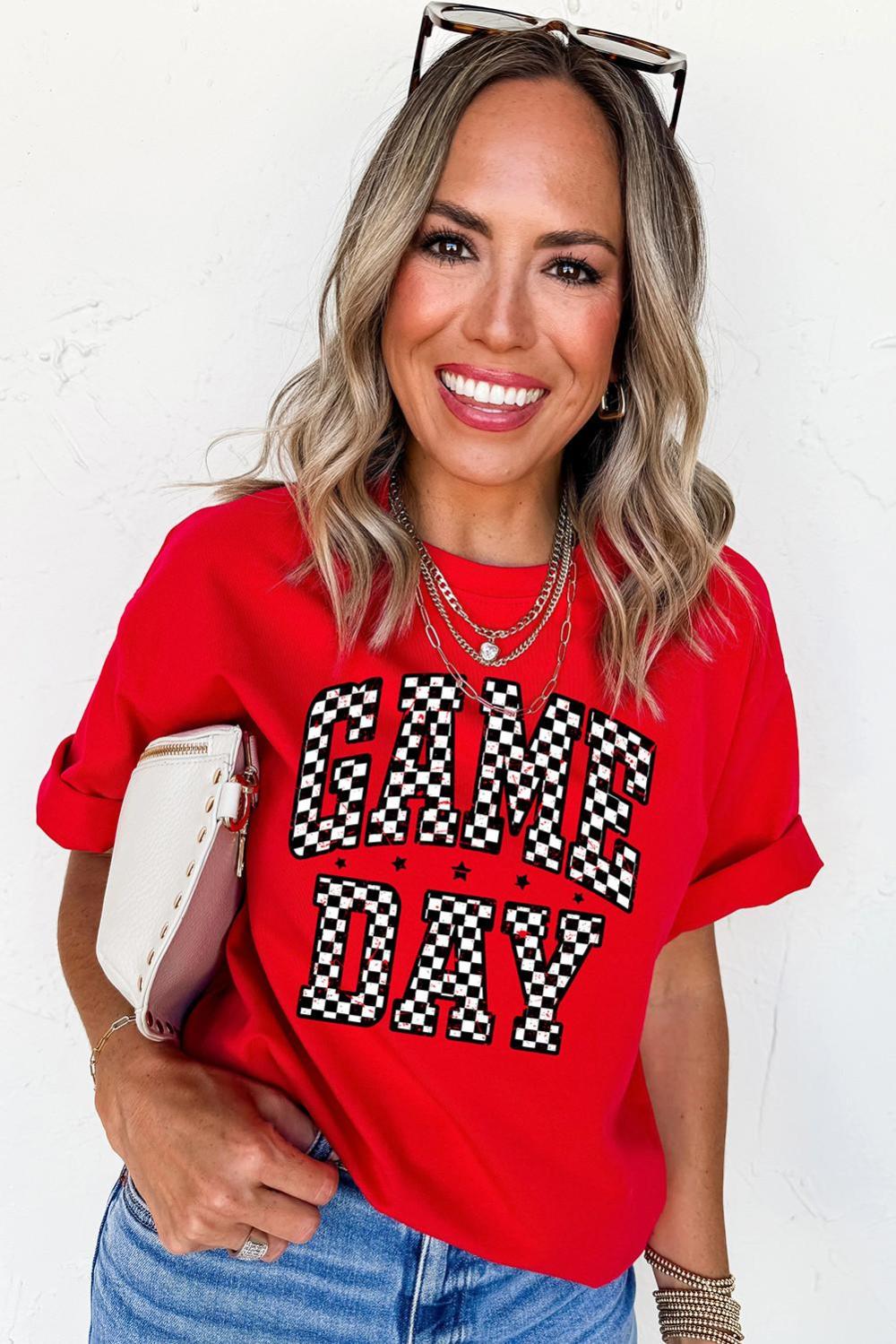 Women Red Checkered Game Day Graphic T Shirt | Tees & Tanks