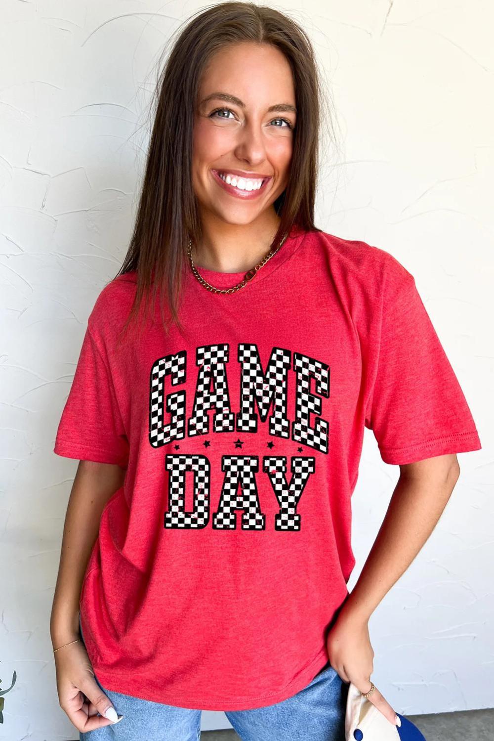 Women Red Checkered Game Day Graphic T Shirt | Tees & Tanks