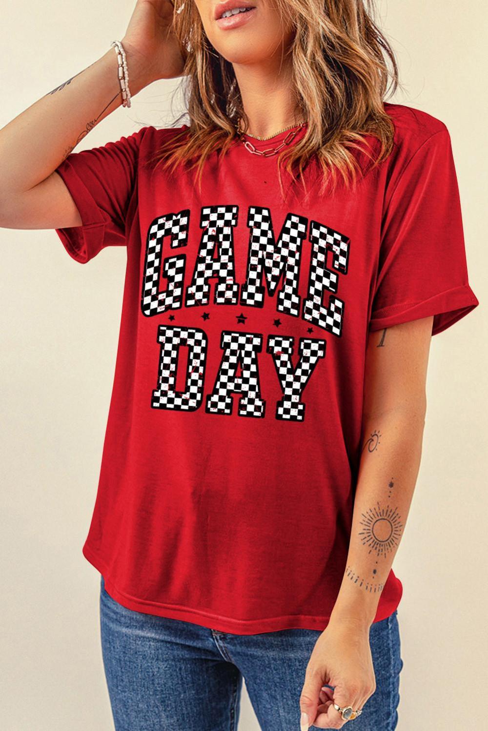 Women Red Checkered Game Day Graphic T Shirt | Tees & Tanks
