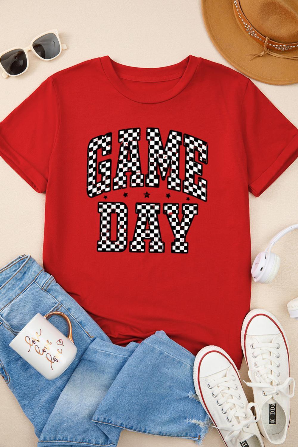 Women Red Checkered Game Day Graphic T Shirt | Tees & Tanks