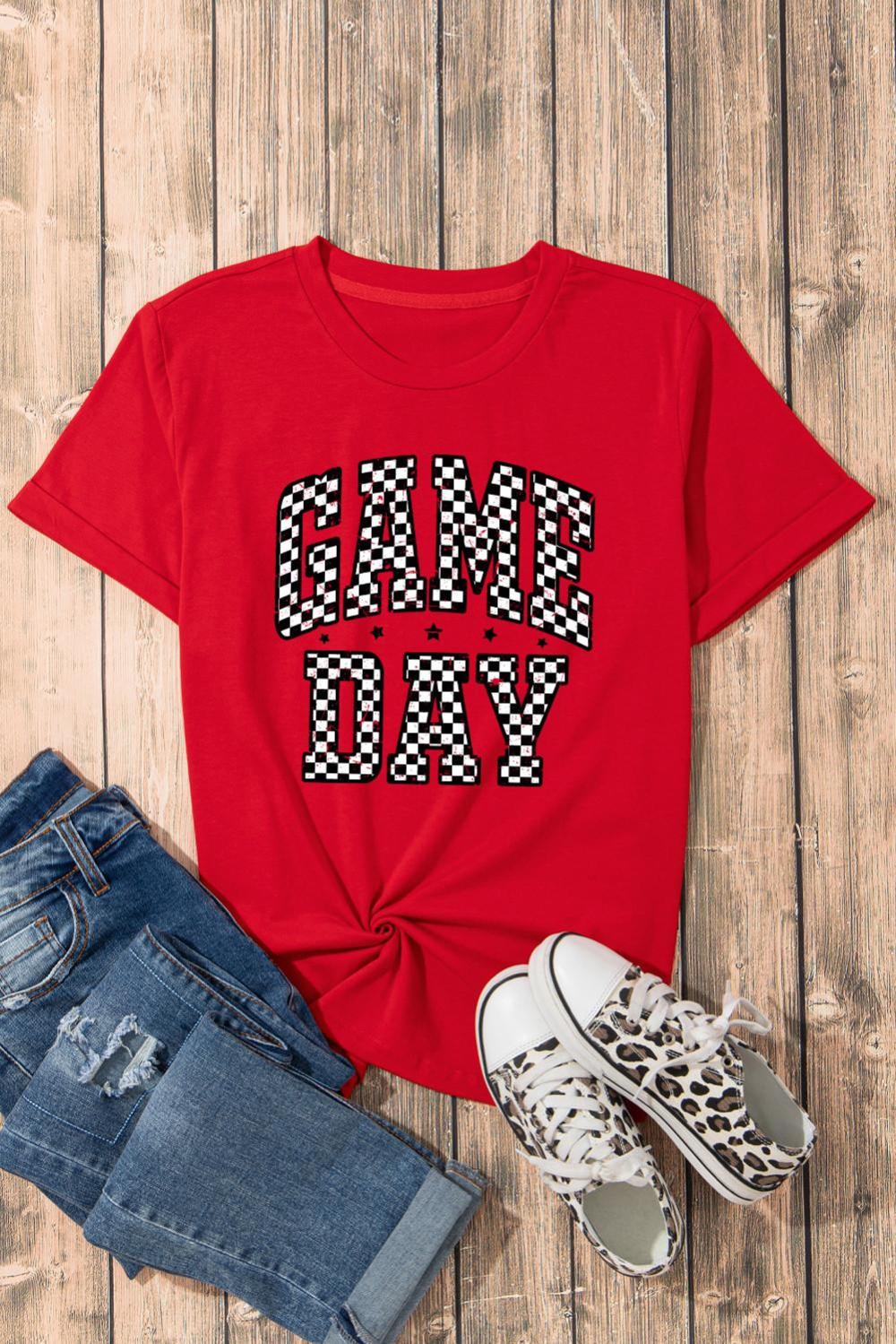 Women Red Checkered Game Day Graphic T Shirt | Tees & Tanks