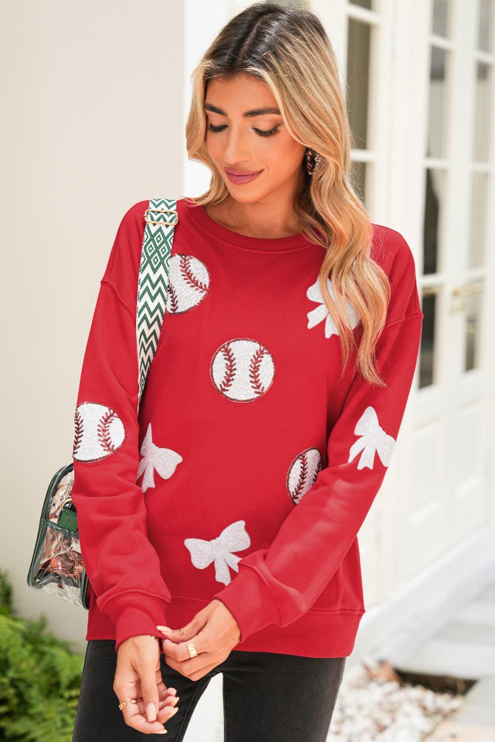 Women Red Sequin Bow And Baseball Graphic Game Day Fashion Sweatshirt | Sweatshirts