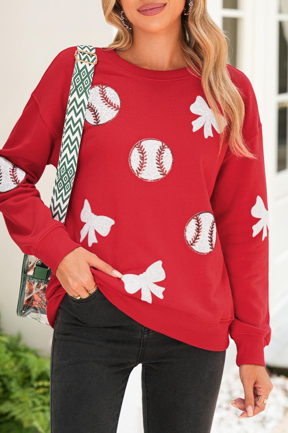 Women Red Sequin Bow And Baseball Graphic Game Day Fashion Sweatshirt | Sweatshirts