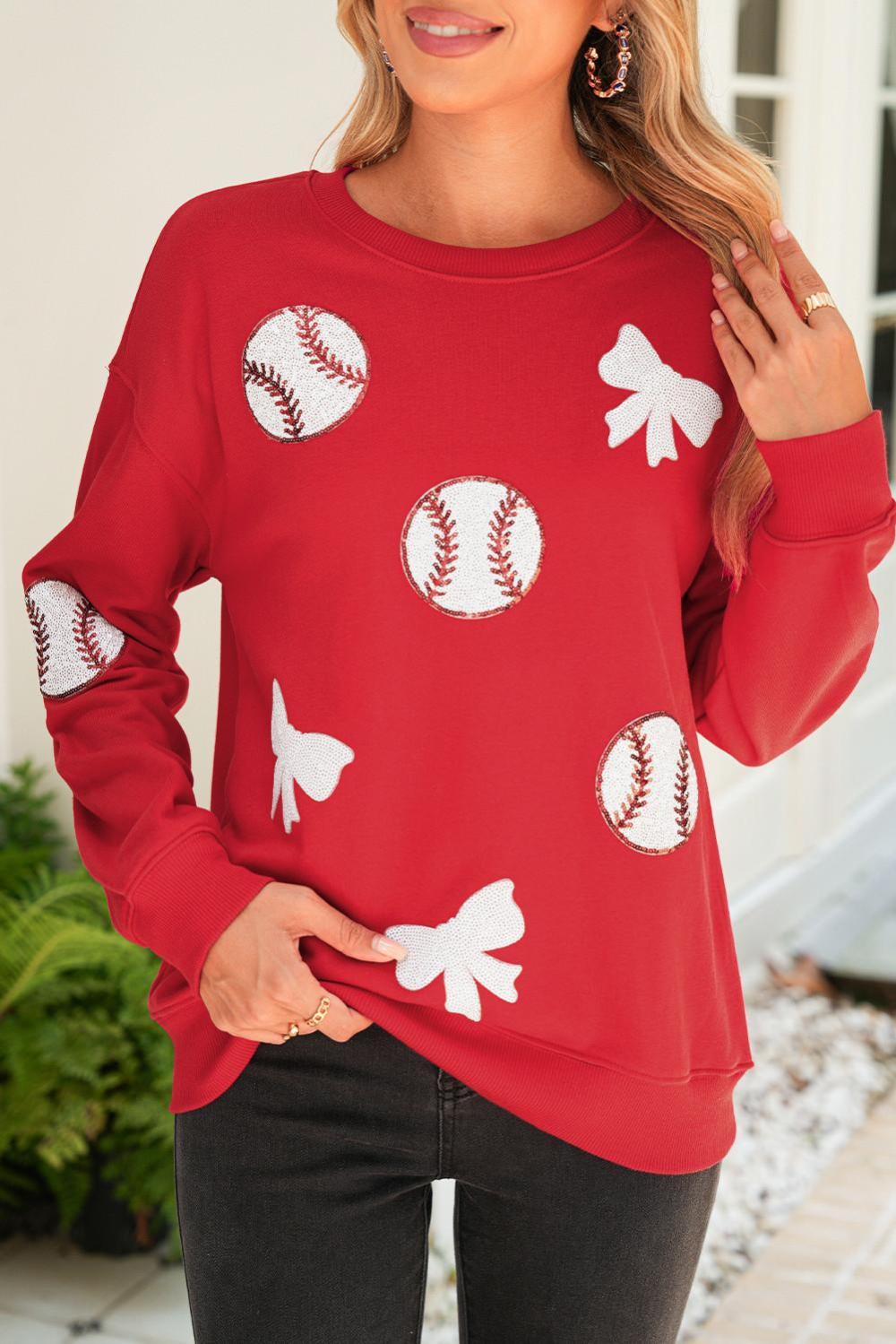 Women Red Sequin Bow And Baseball Graphic Game Day Fashion Sweatshirt | Sweatshirts