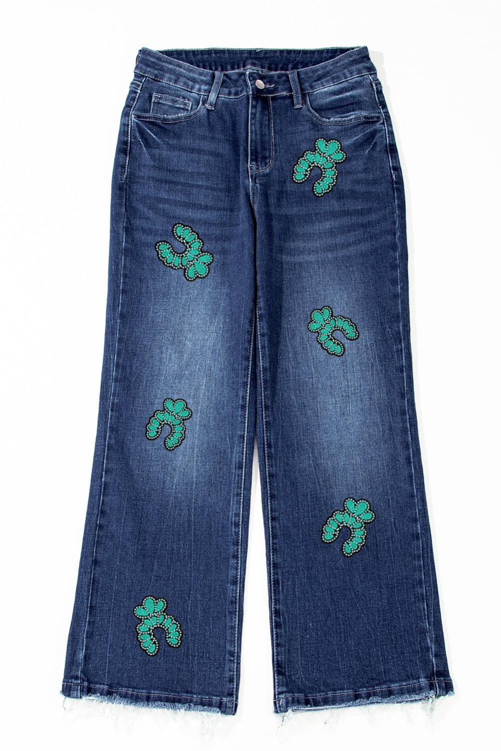 Women Sail Blue Turquoise Pattern Raw Edge Cropped High Waist Jeans | Jeans