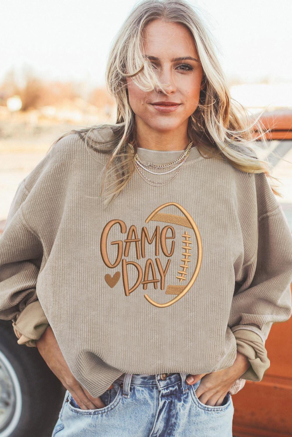 Women Smoke Gray Twisted Rib Texture Game Day Rugby Embroidered Baggy Sweatshirt | Sweatshirts