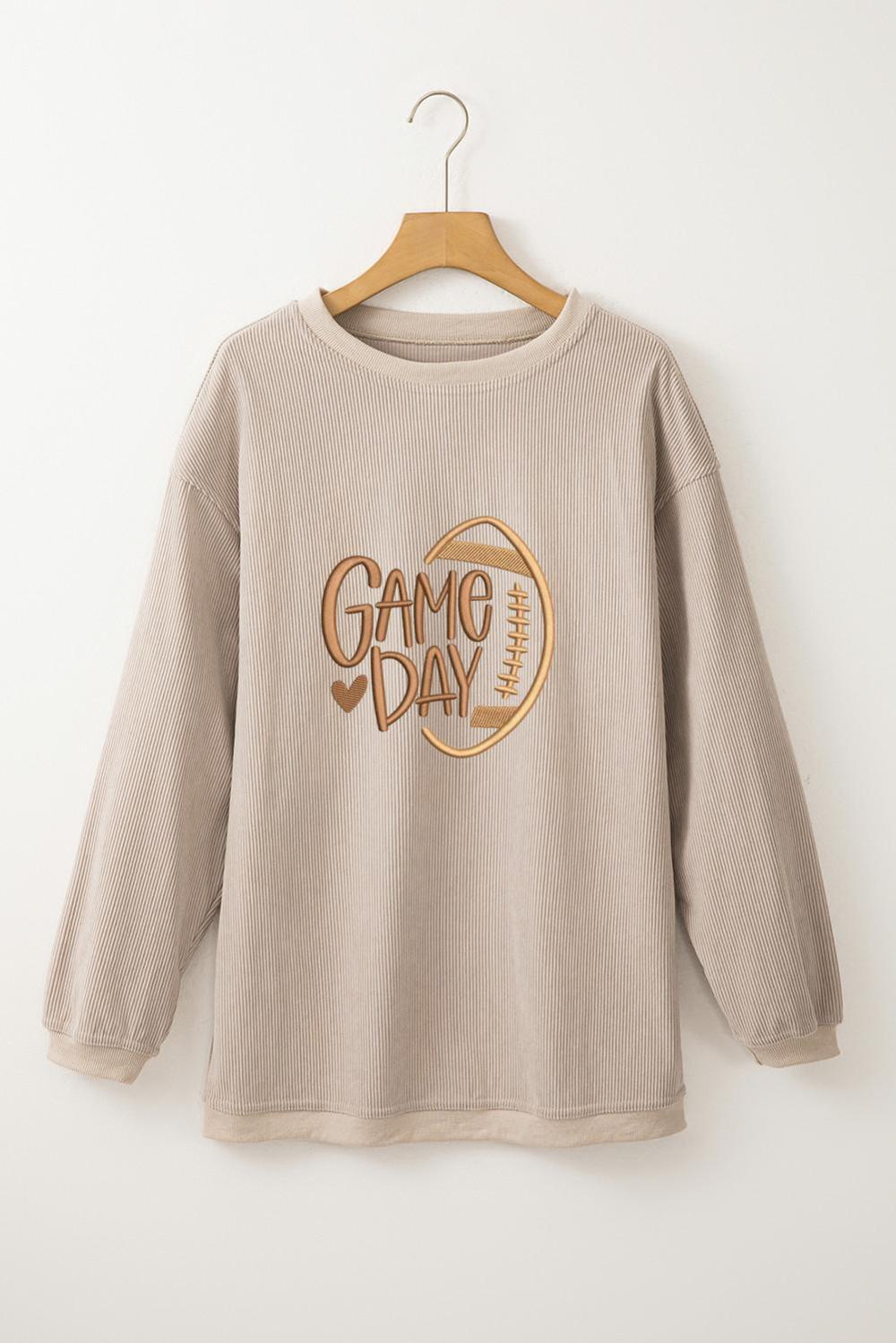 Women Smoke Gray Twisted Rib Texture Game Day Rugby Embroidered Baggy Sweatshirt | Sweatshirts