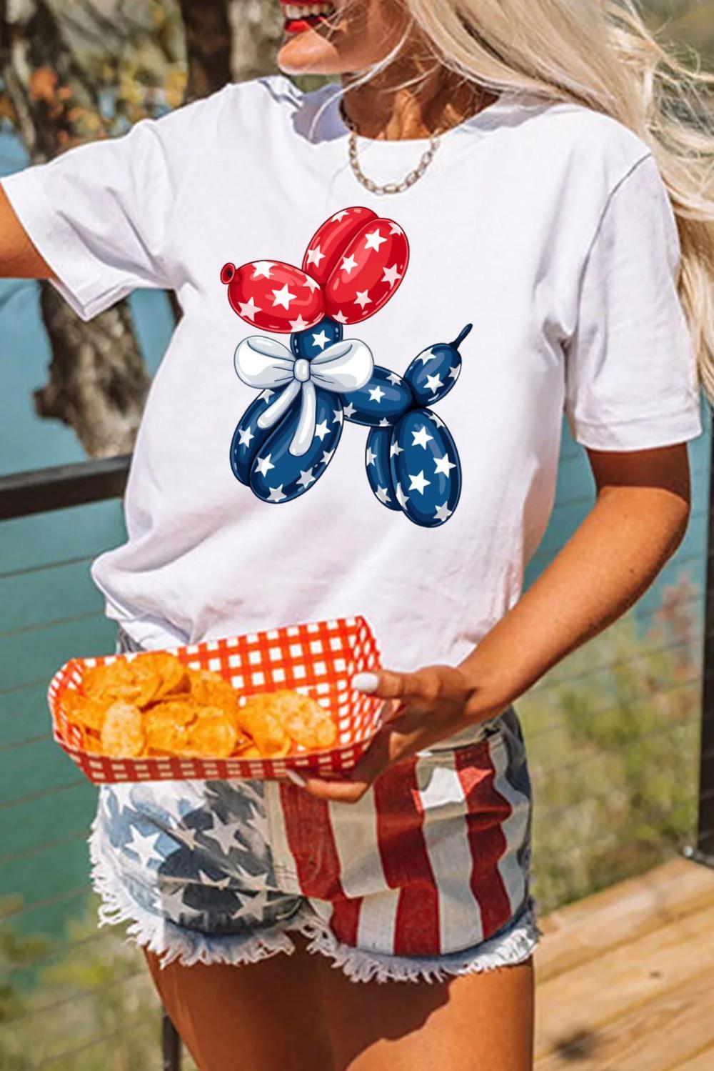 Women White 4th Of July Balloon Dog Graphic Cotton Blend T Shirt | Sweatshirts