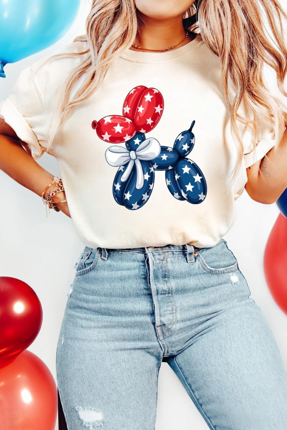 Women White 4th Of July Balloon Dog Graphic Cotton Blend T Shirt | Sweatshirts