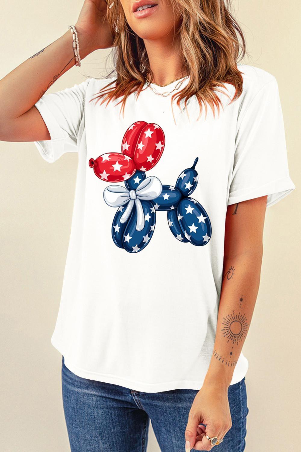 Women White 4th Of July Balloon Dog Graphic Cotton Blend T Shirt | Sweatshirts
