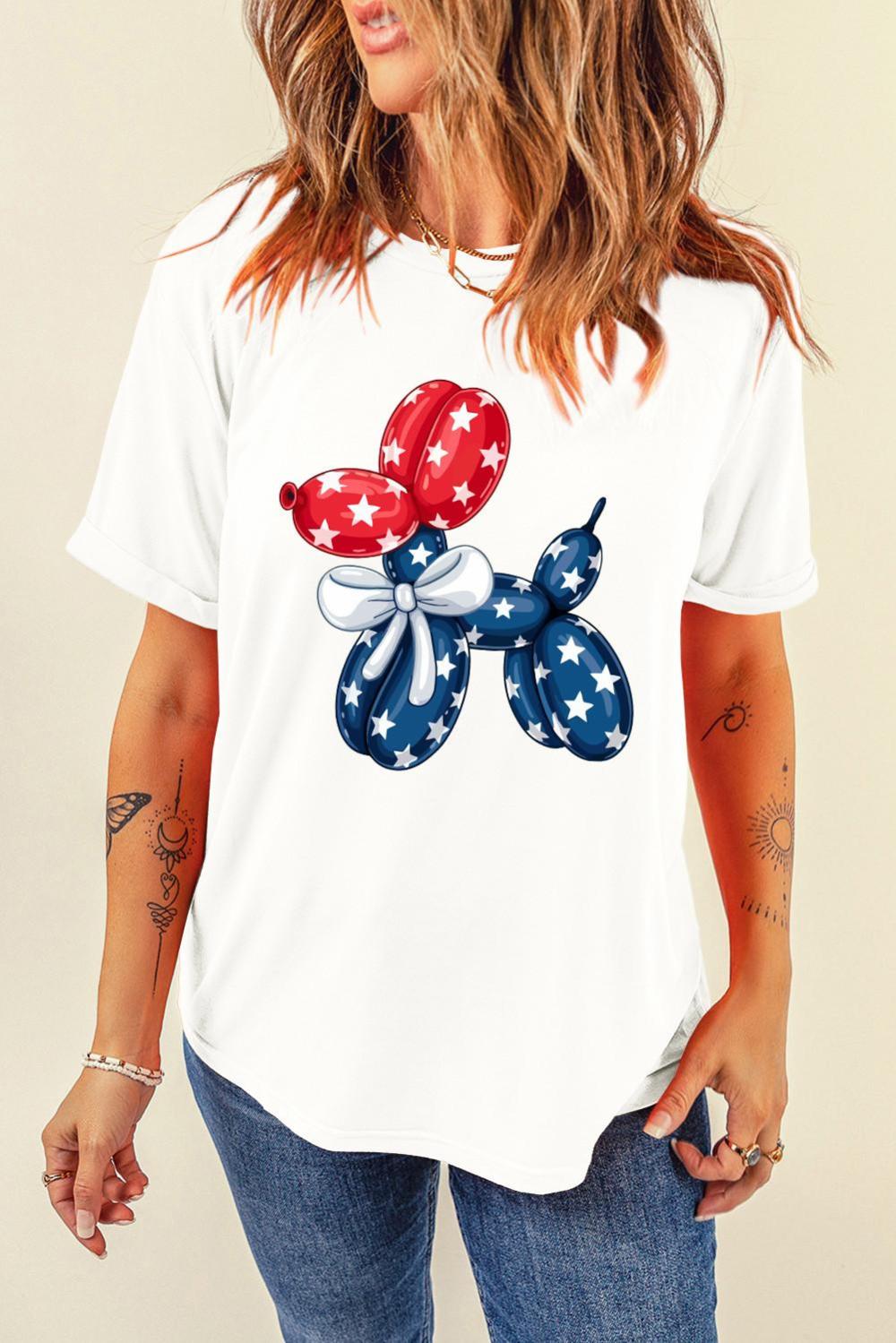 Women White 4th Of July Balloon Dog Graphic Cotton Blend T Shirt | Sweatshirts