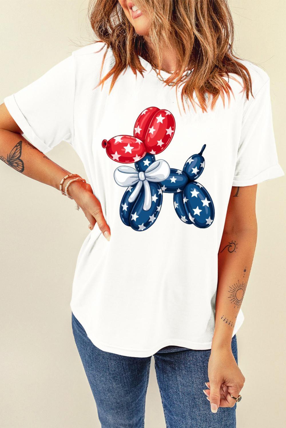 Women White 4th Of July Balloon Dog Graphic Cotton Blend T Shirt | Sweatshirts