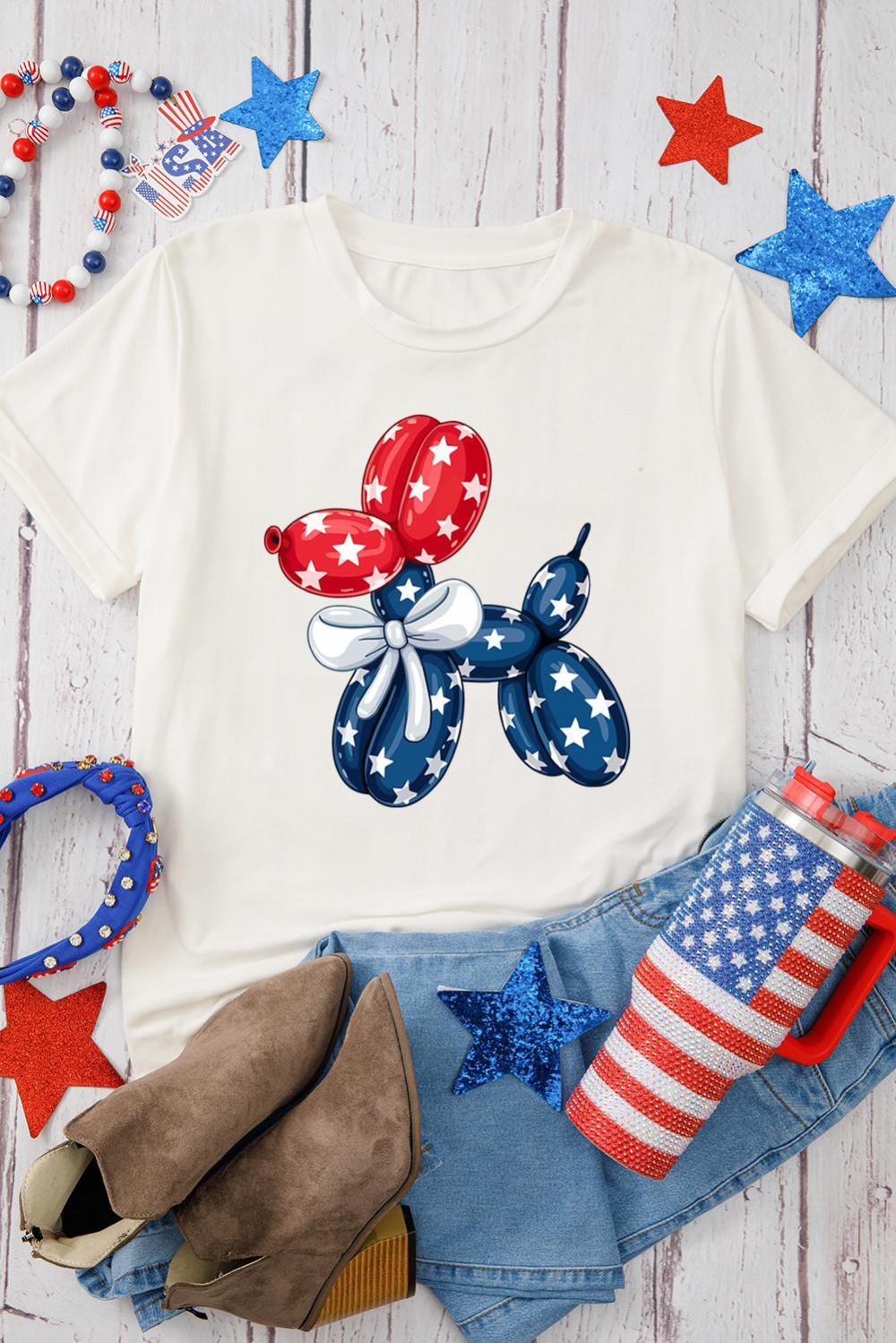 Women White 4th Of July Balloon Dog Graphic Cotton Blend T Shirt | Sweatshirts