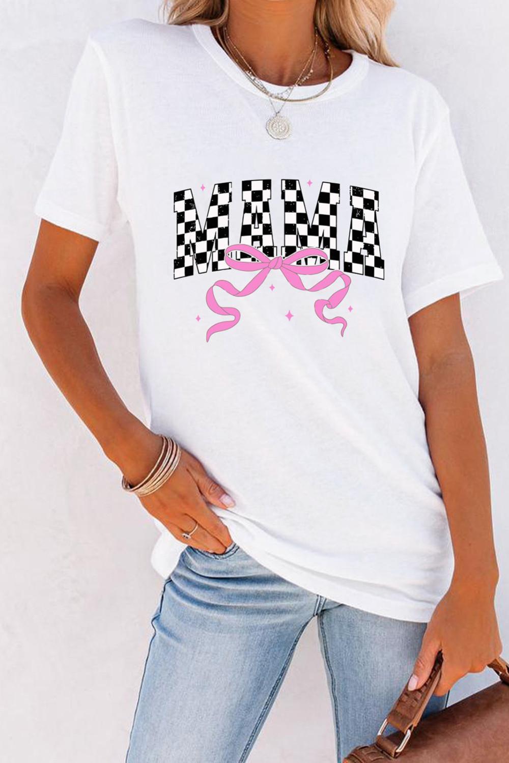 Women White Checkered Mama Ribbon Bow Graphic Crewneck Tee | Tees & Tanks