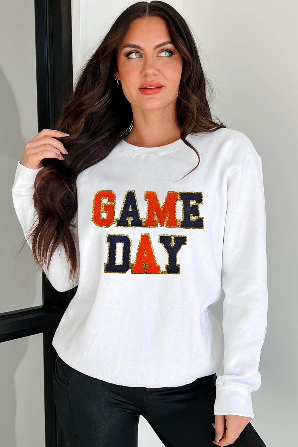 Women White Chenille Game Day Letter Round Neck Sweatshirt | Sweatshirts