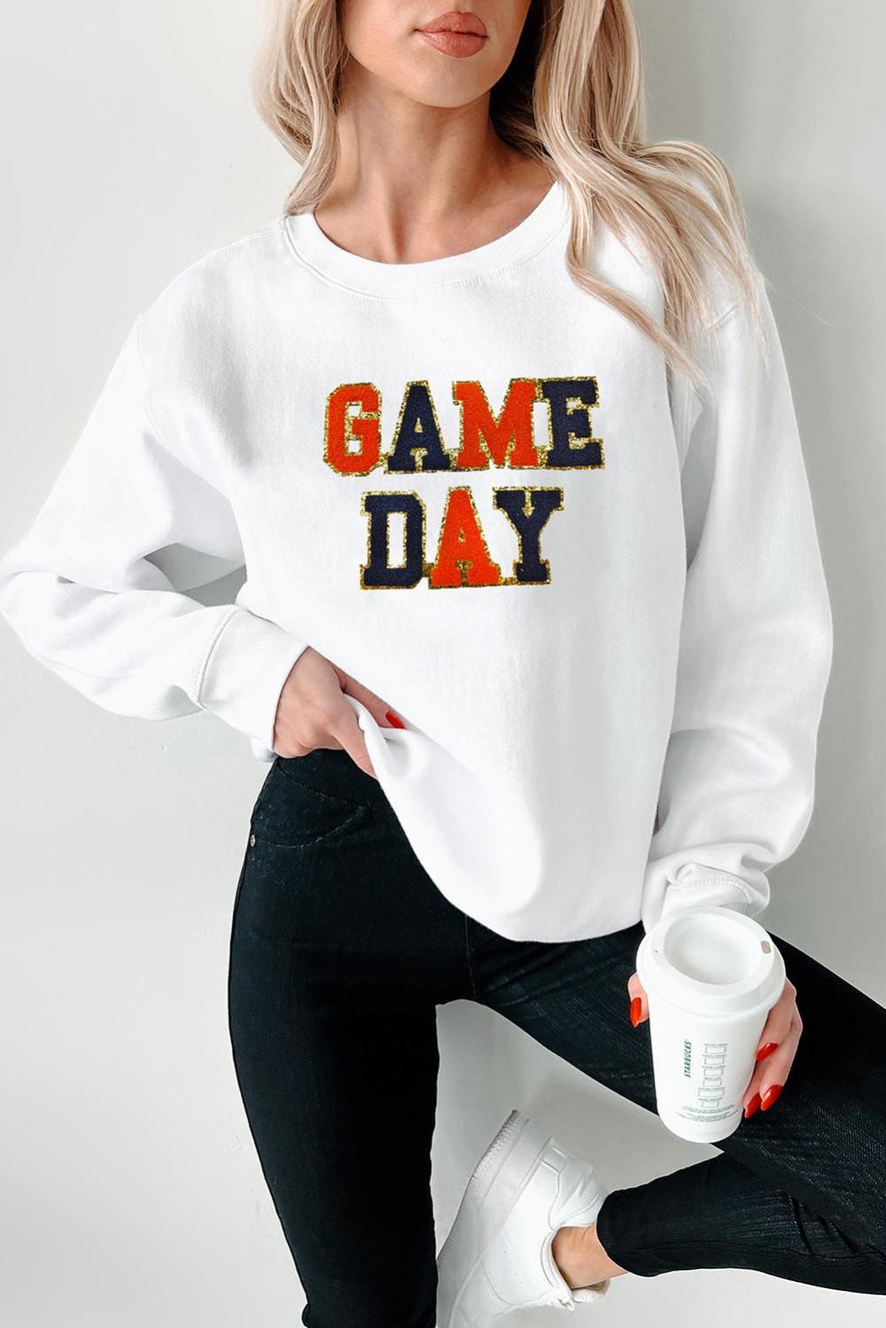 Women White Chenille Game Day Letter Round Neck Sweatshirt | Sweatshirts