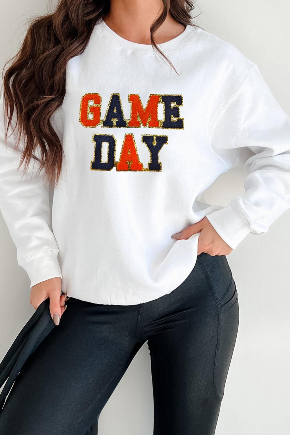 Women White Chenille Game Day Letter Round Neck Sweatshirt | Sweatshirts