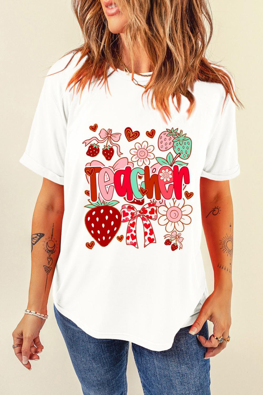 Women White Cute Strawberry Floral Teacher Graphic Custom Tee | Tees & Tanks