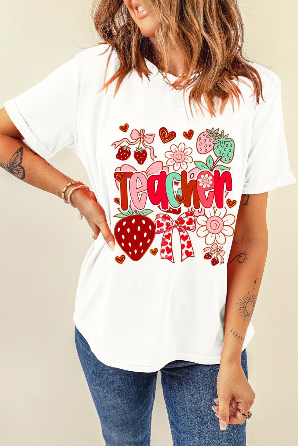 Women White Cute Strawberry Floral Teacher Graphic Custom Tee | Tees & Tanks