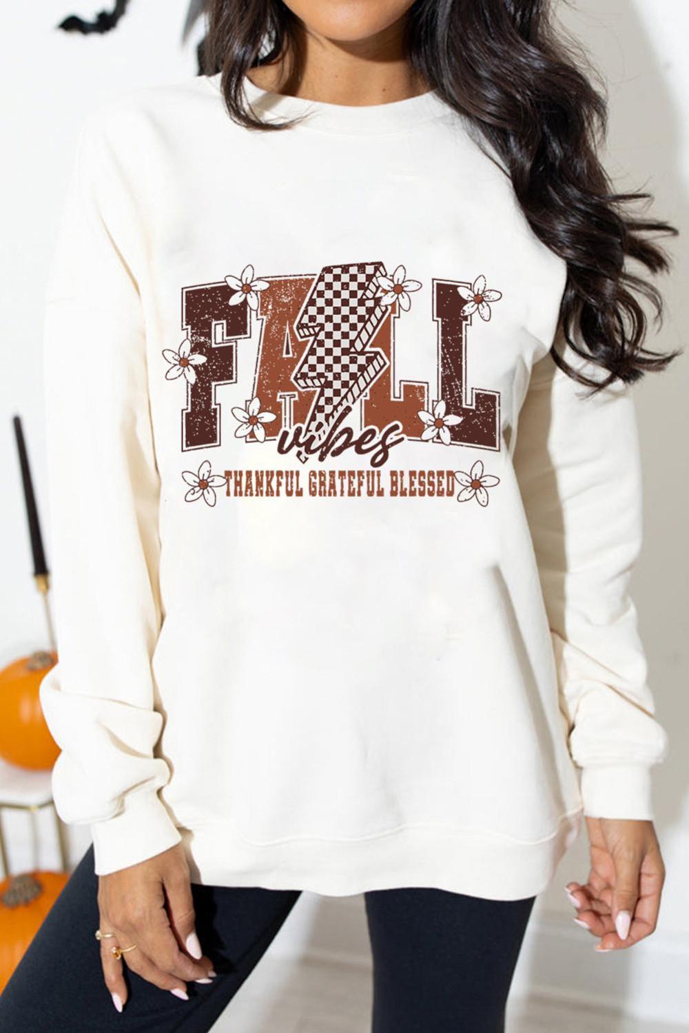 Women White Fall Thankful Grateful Blessed Graphic Drop Shoulder Sweatshirt | Sweatshirts