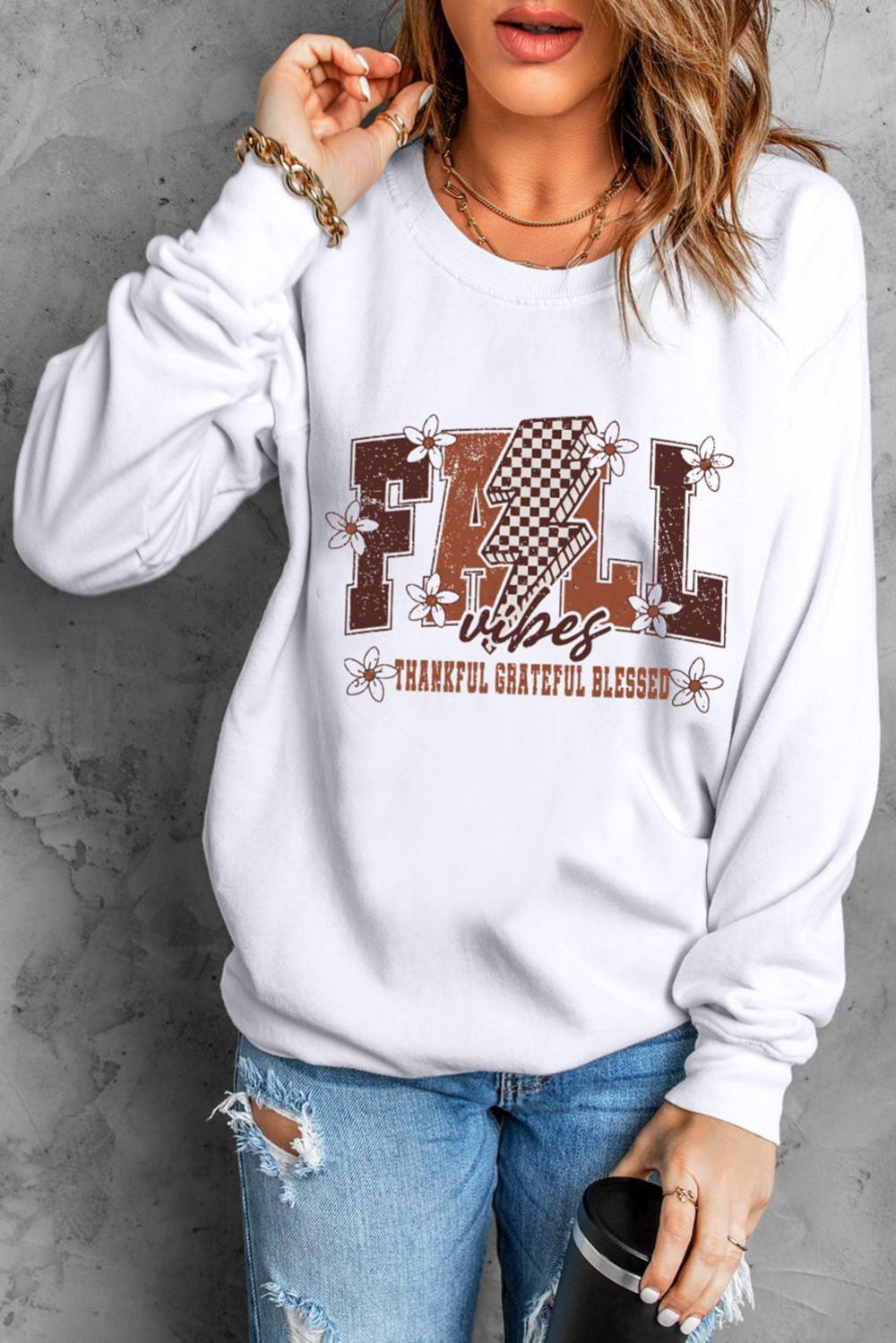 Women White Fall Thankful Grateful Blessed Graphic Drop Shoulder Sweatshirt | Sweatshirts