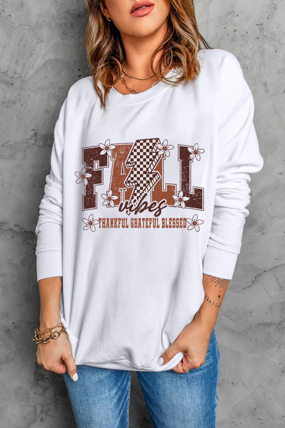 Women White Fall Thankful Grateful Blessed Graphic Drop Shoulder Sweatshirt | Sweatshirts