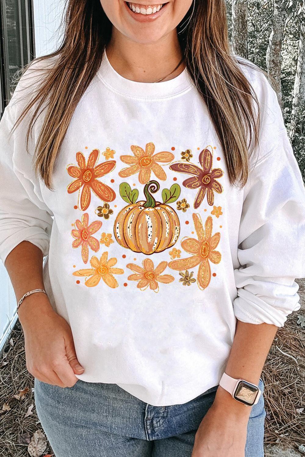 Women White Flower Pumpkin Printed Cotton Blend Sweatshirt | Sweatshirts