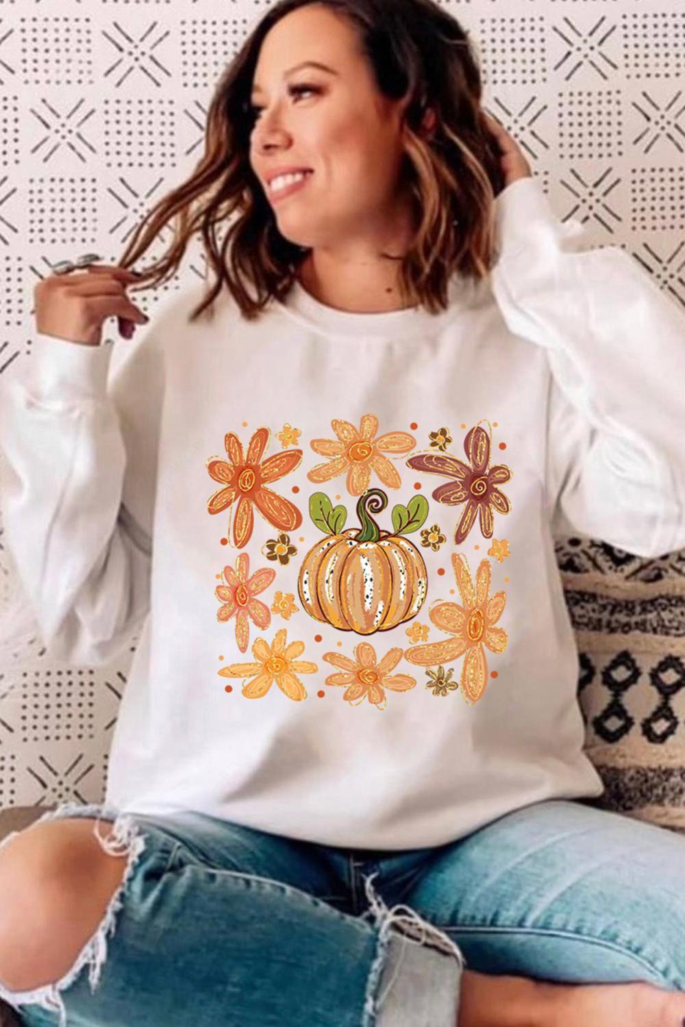 Women White Flower Pumpkin Printed Cotton Blend Sweatshirt | Sweatshirts