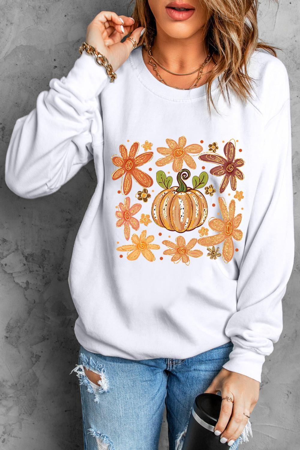 Women White Flower Pumpkin Printed Cotton Blend Sweatshirt | Sweatshirts