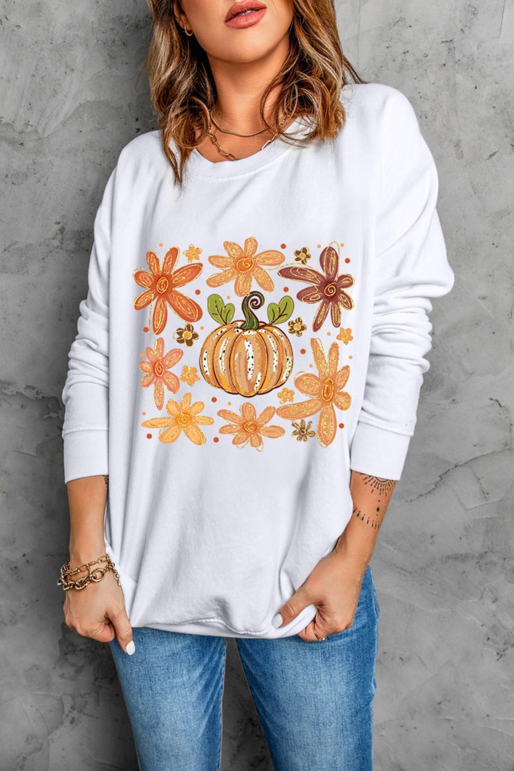 Women White Flower Pumpkin Printed Cotton Blend Sweatshirt | Sweatshirts