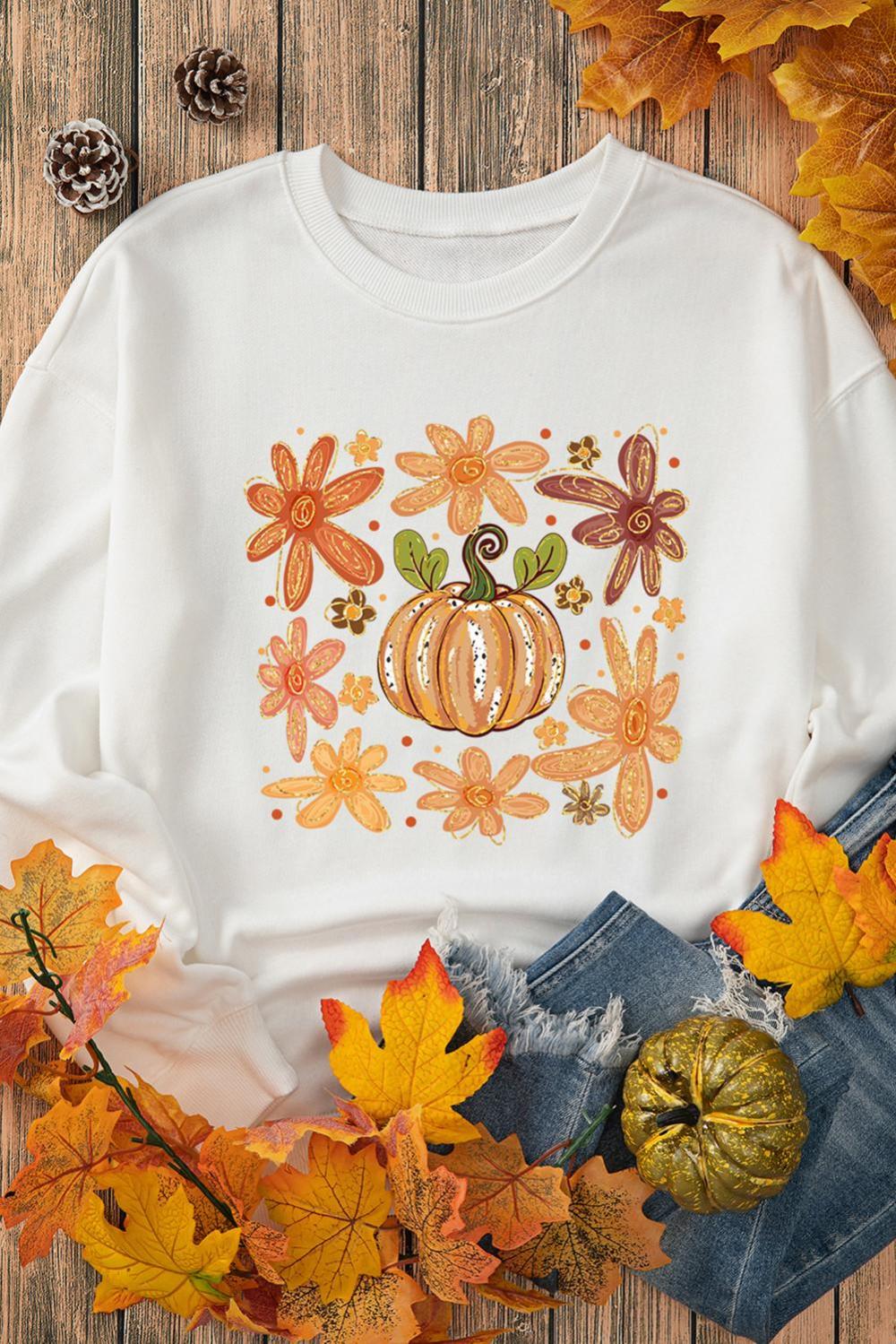 Women White Flower Pumpkin Printed Cotton Blend Sweatshirt | Sweatshirts