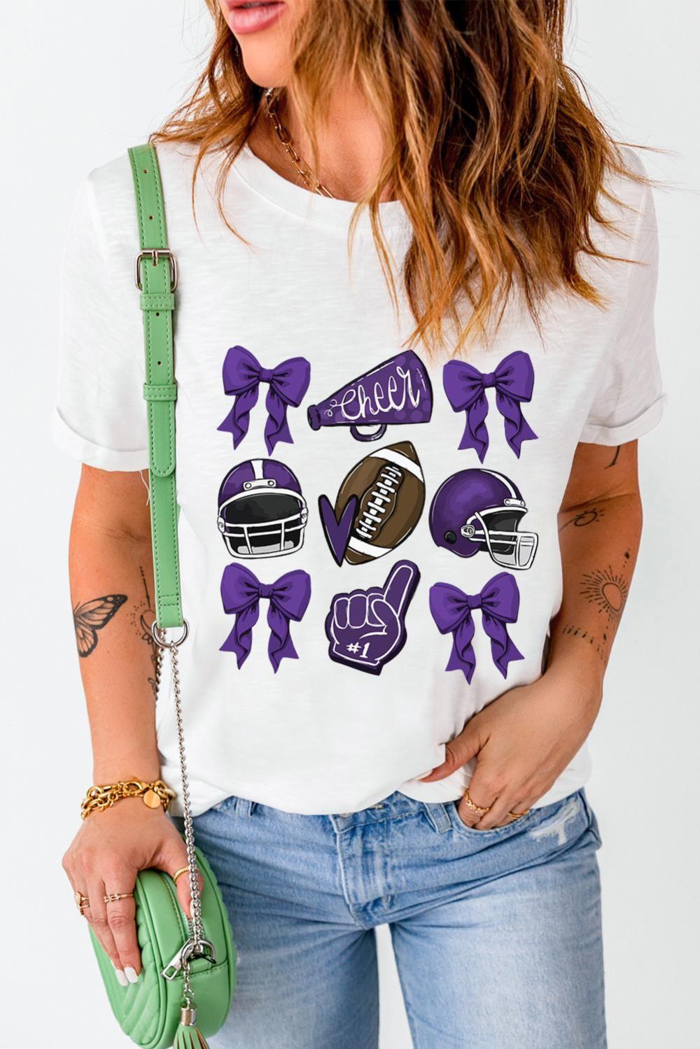 Women White Game Day Rugby Cheer Helmet Bow Graphic Tee | Tees & Tanks