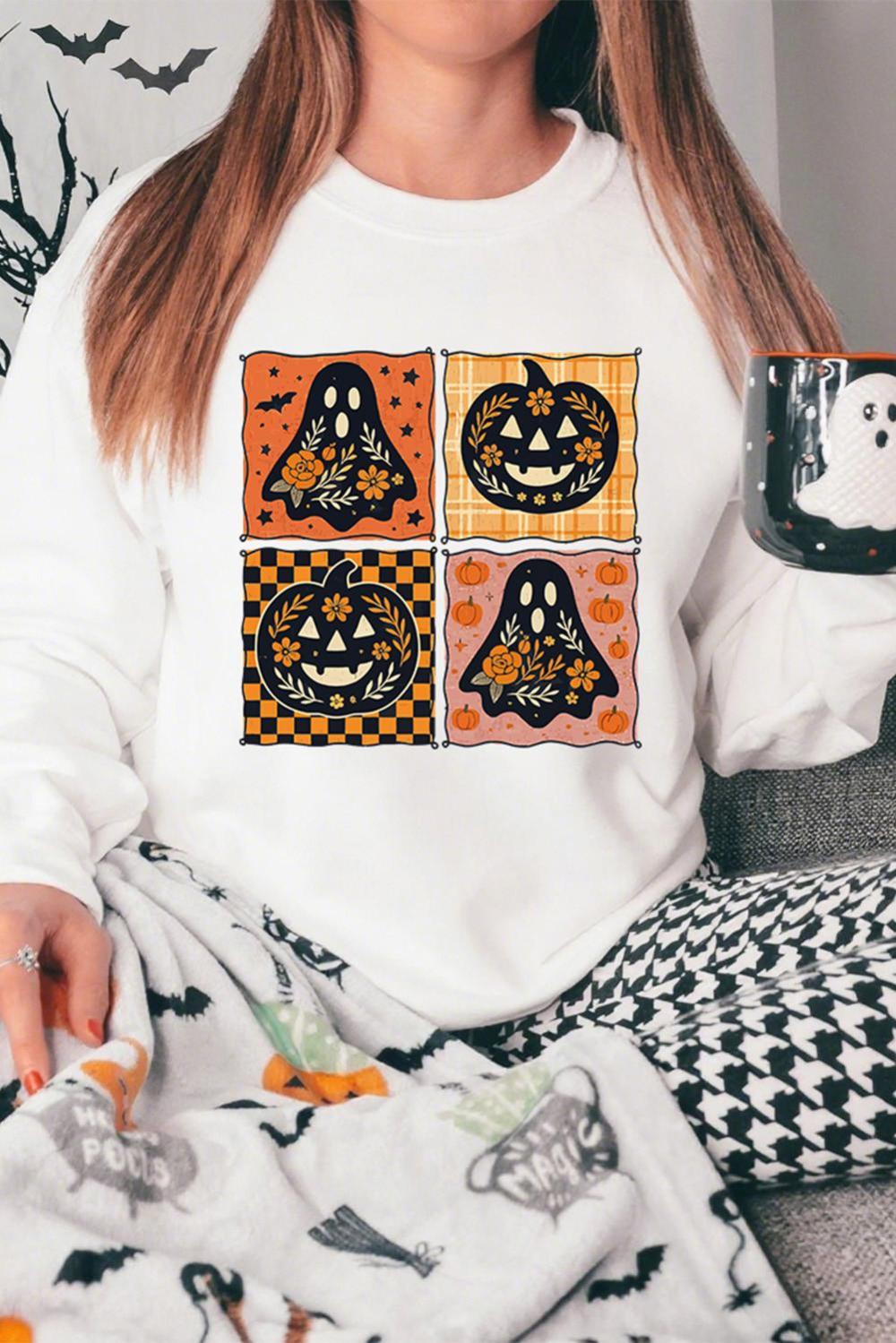 Women White Halloween Ghost Pumpkin Face Floral Checkered Graphic Sweatshirt | Sweatshirts
