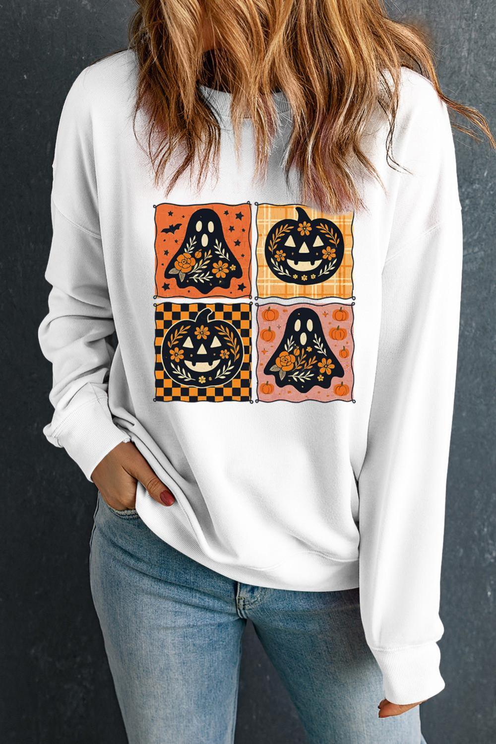 Women White Halloween Ghost Pumpkin Face Floral Checkered Graphic Sweatshirt | Sweatshirts