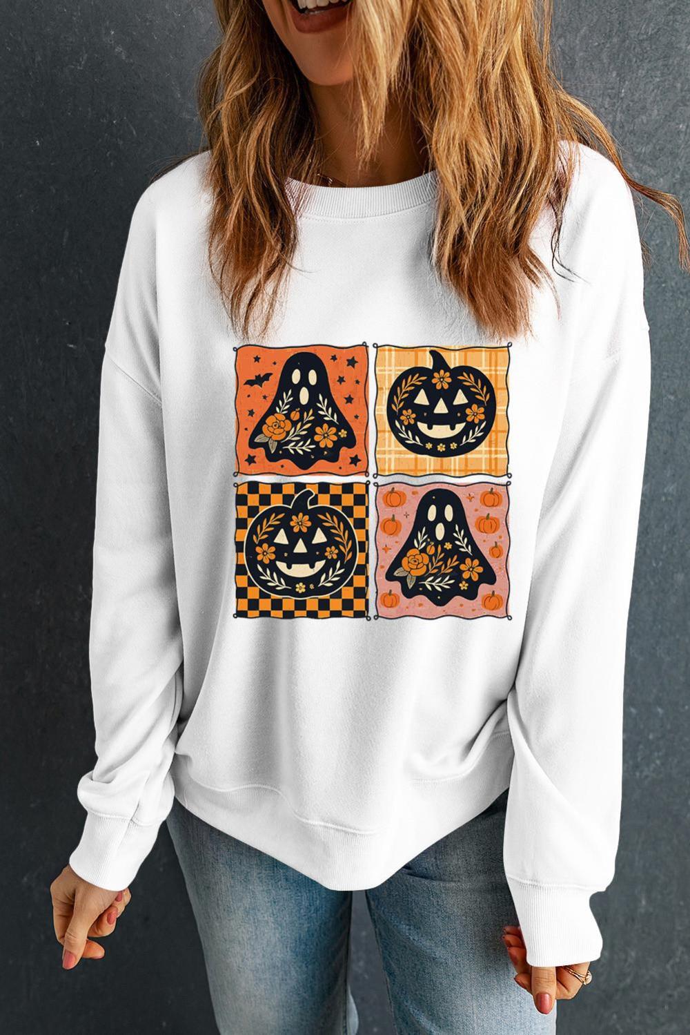 Women White Halloween Ghost Pumpkin Face Floral Checkered Graphic Sweatshirt | Sweatshirts
