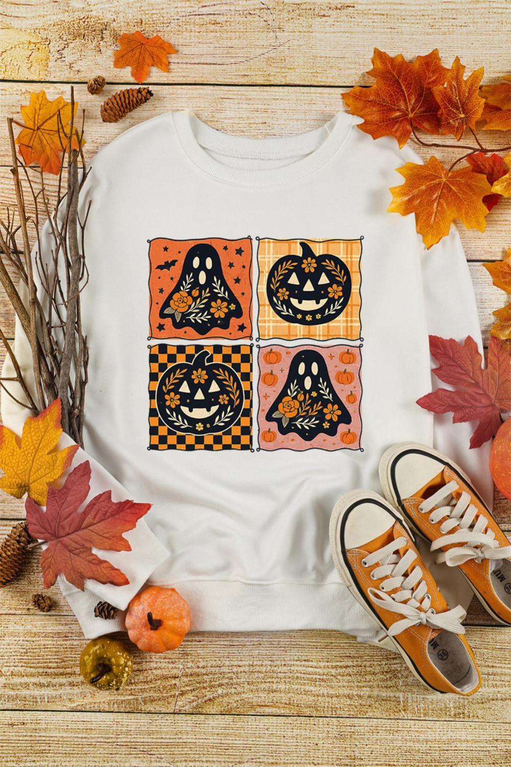 Women White Halloween Ghost Pumpkin Face Floral Checkered Graphic Sweatshirt | Sweatshirts