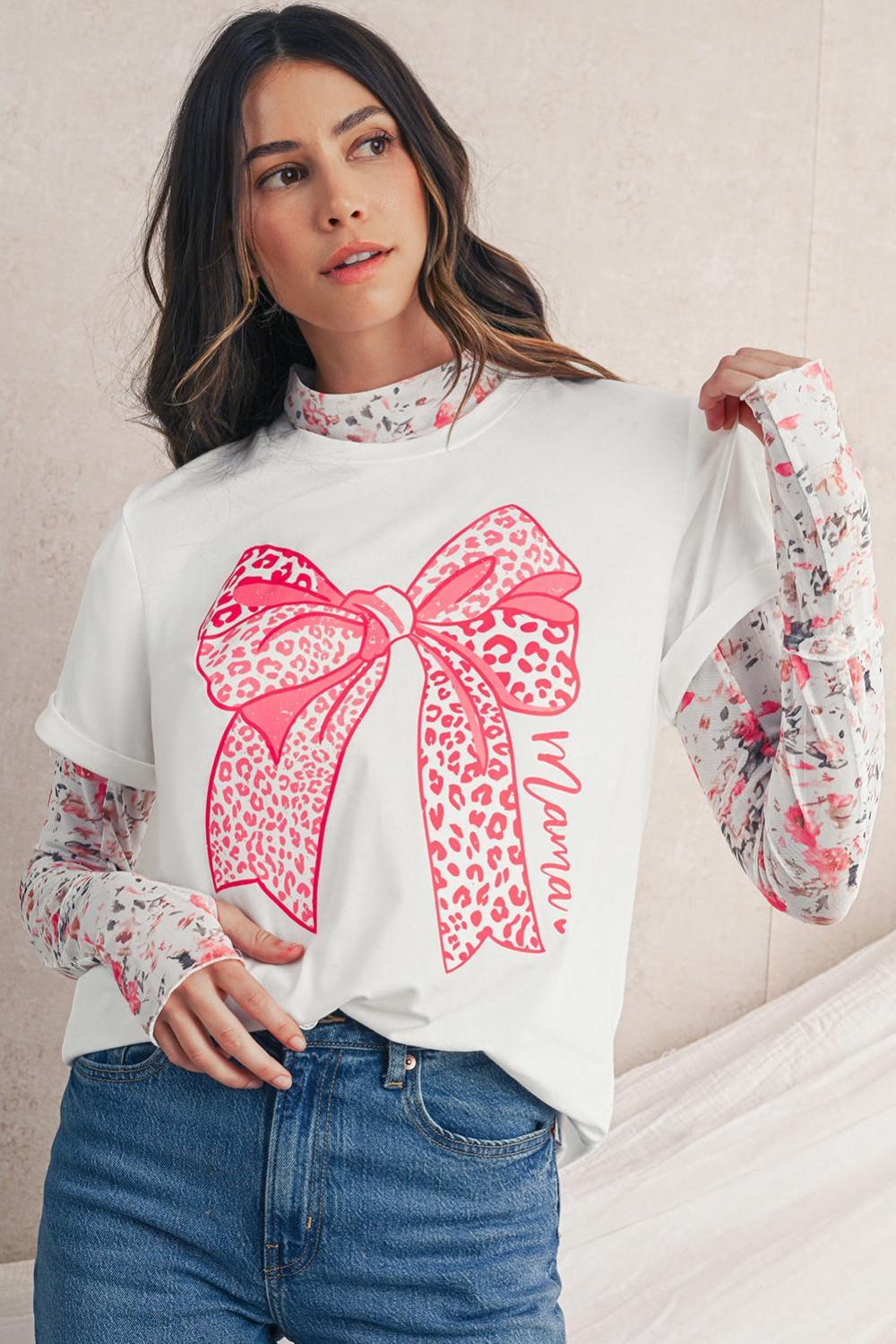 Women White Leopard Bowknot Graphic Crew Neck Tee | Tees & Tanks