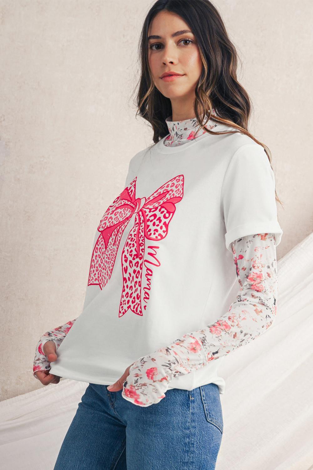 Women White Leopard Bowknot Graphic Crew Neck Tee | Tees & Tanks