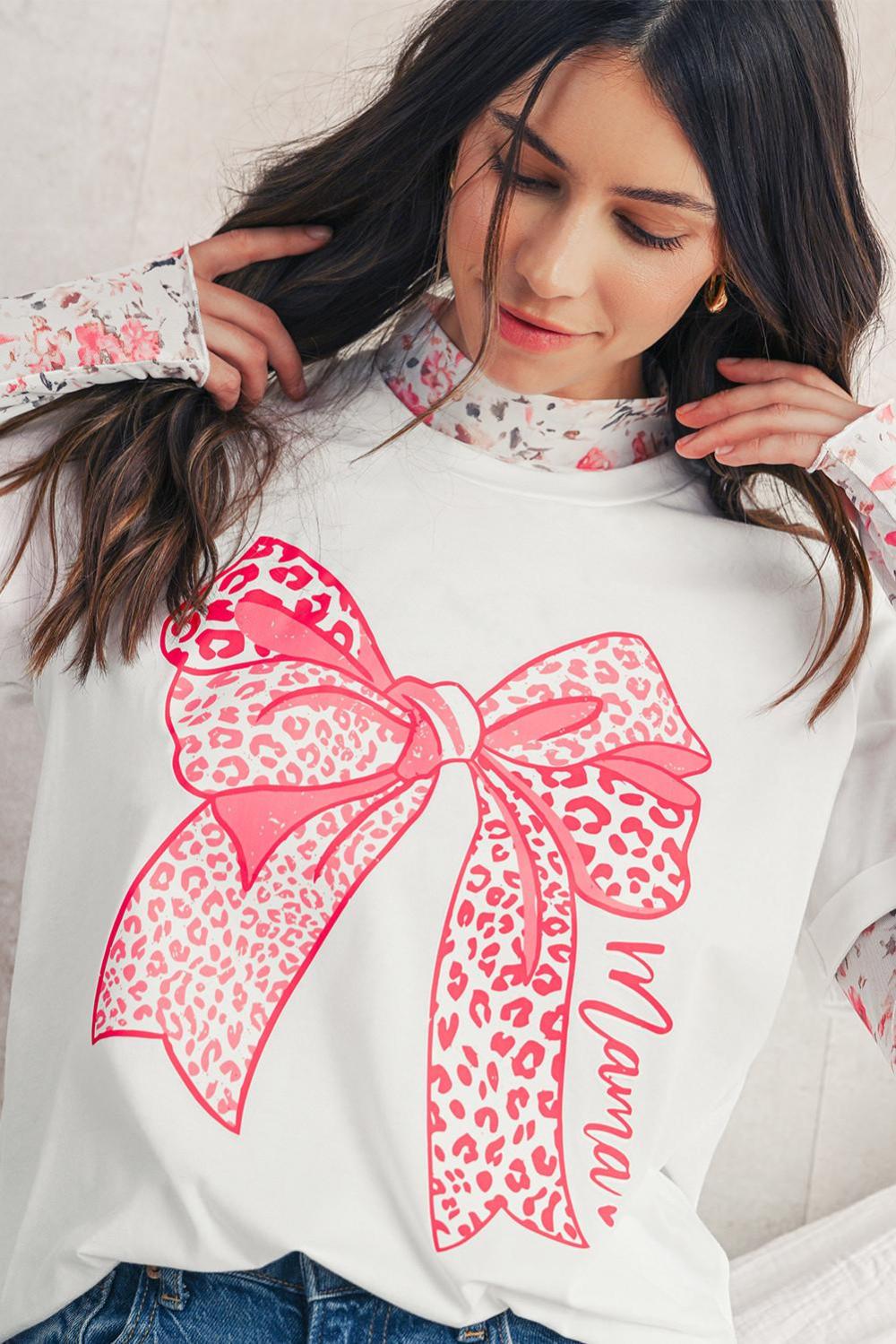 Women White Leopard Bowknot Graphic Crew Neck Tee | Tees & Tanks