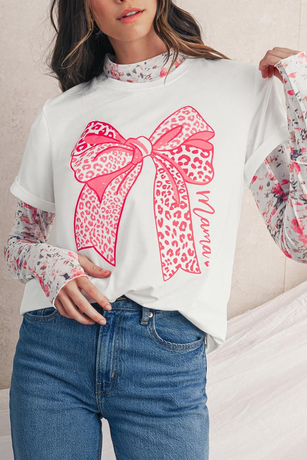 Women White Leopard Bowknot Graphic Crew Neck Tee | Tees & Tanks