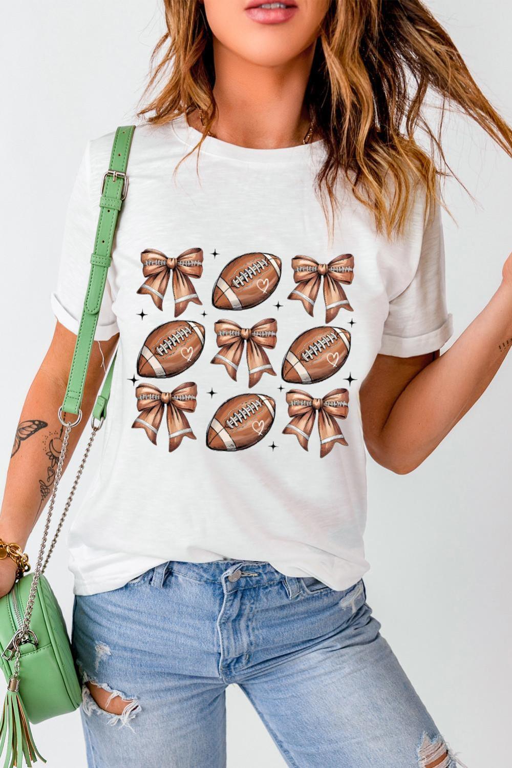 Women White Rugby Fashion Bow Print Graphic T Shirt | Tees & Tanks