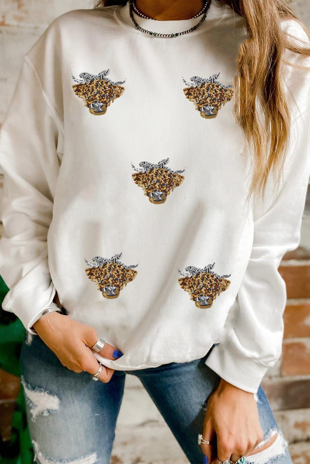 Women White Sequin Animal Patched Drop Shoulder Sweatshirt | Sweatshirts