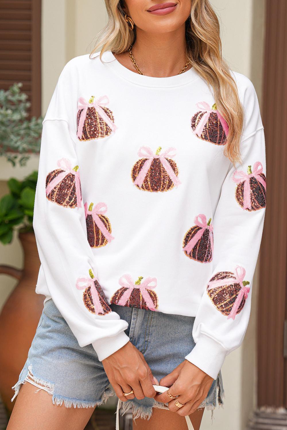 Women White Sequin Bow Pumpkin Patched Cotton Baggy Sweatshirt | Sweatshirts