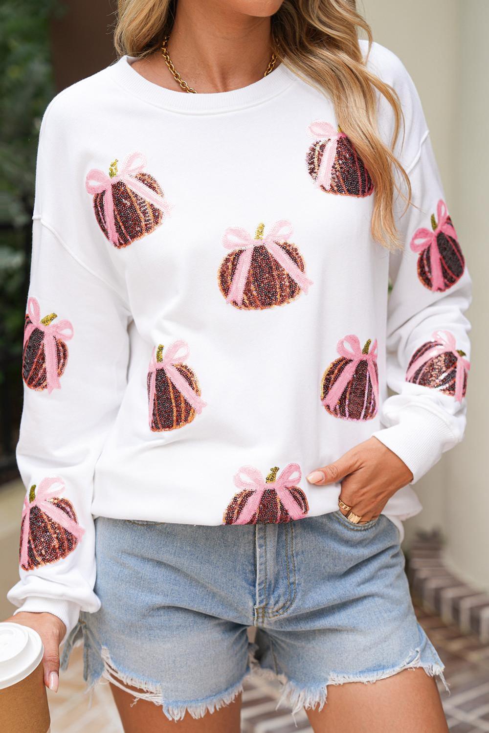Women White Sequin Bow Pumpkin Patched Cotton Baggy Sweatshirt | Sweatshirts