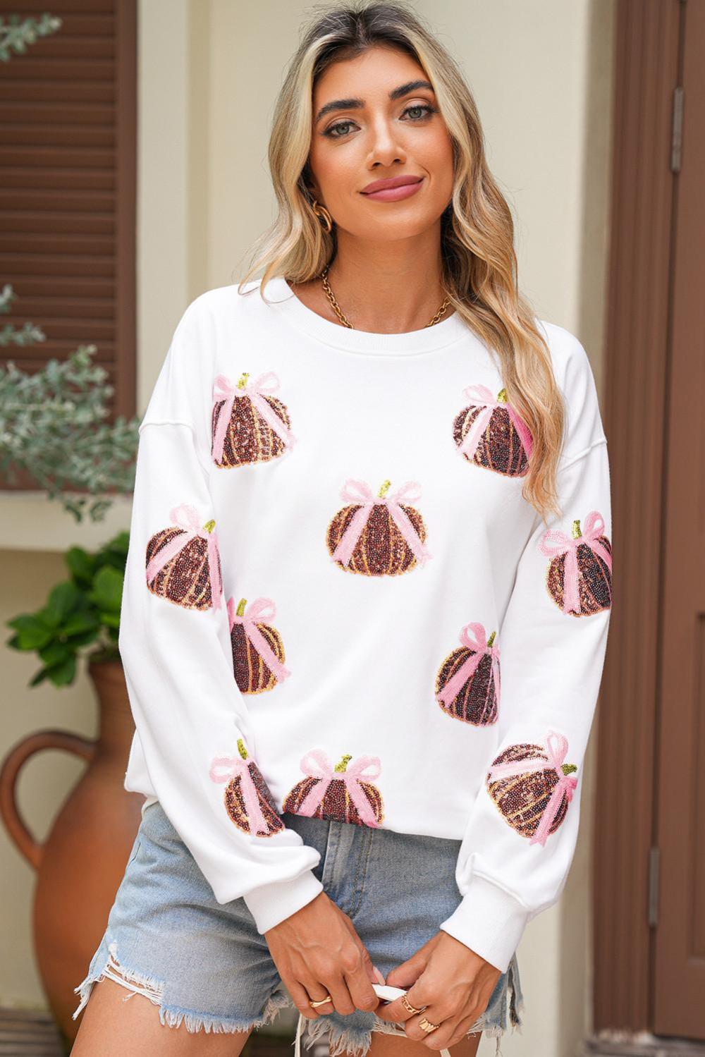Women White Sequin Bow Pumpkin Patched Cotton Baggy Sweatshirt | Sweatshirts