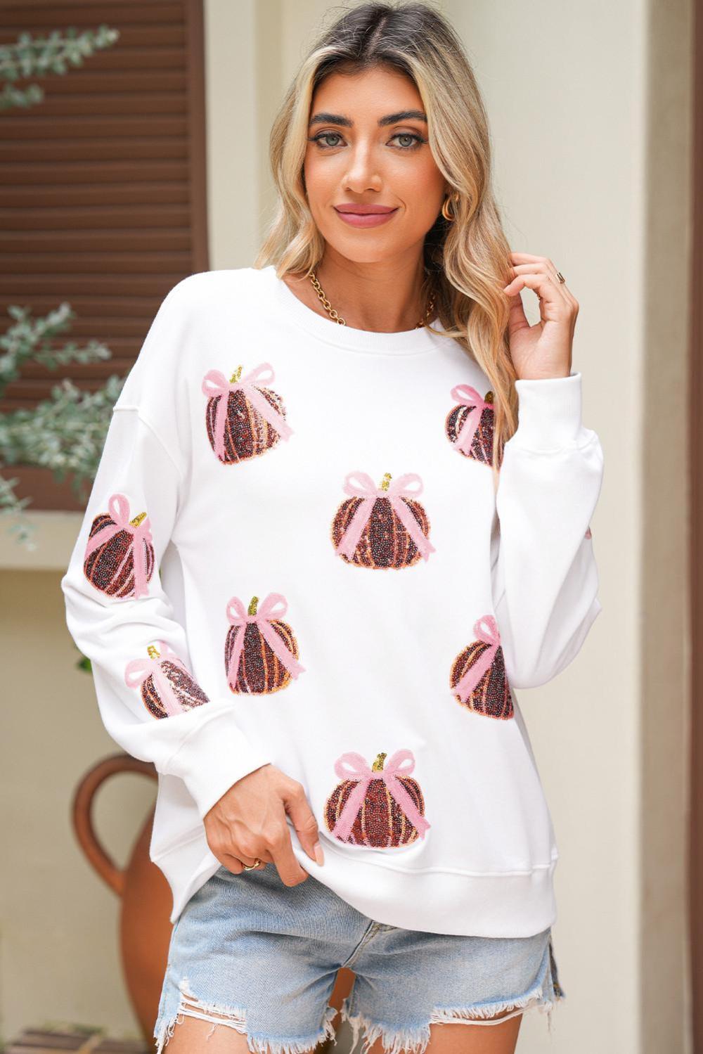Women White Sequin Bow Pumpkin Patched Cotton Baggy Sweatshirt | Sweatshirts